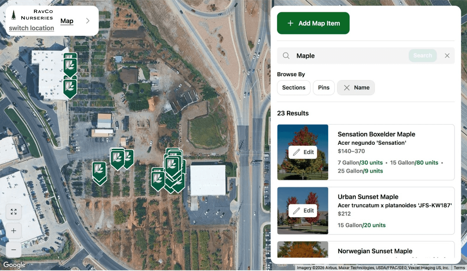 NurseryScapes inventory tracking — searching for Maple, with results listed by SKU, sizes, and quantities, alongside a satellite map view of the nursery grounds with green tree pins.